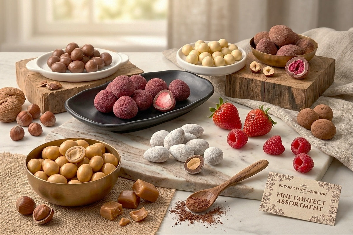 An assortment of gourmet chocolate confections arranged on a marble board and wooden blocks, including chocolate truffles, caramel-coated nuts, strawberries, and raspberries, with a small card reading 'Fine Confect Assortment'.