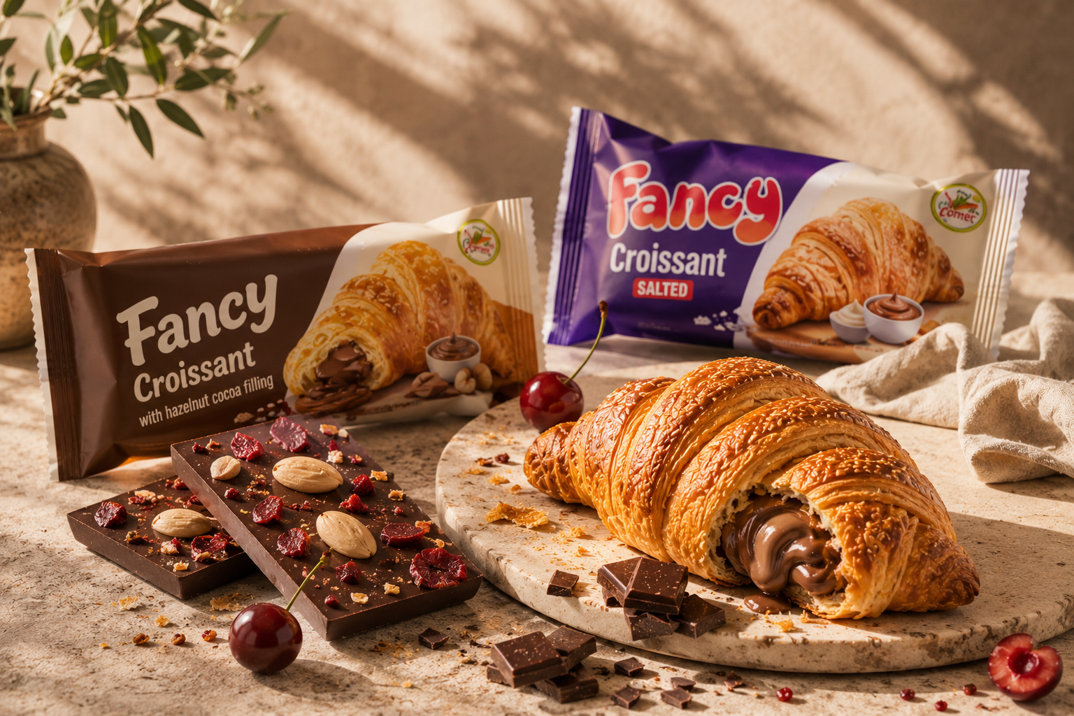 Fancy Croissant chocolate spread products displayed with a golden flaky croissant on a stone board, chocolate bars with dried fruit, and two branded packages on a warm beige surface with leaf shadows.