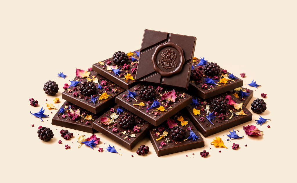 A pyramid arrangement of dark chocolate bars decorated with dried blackberries, colorful flower petals, and botanical elements, with one bar showing an embossed seal that reads 'Pleasanton'.