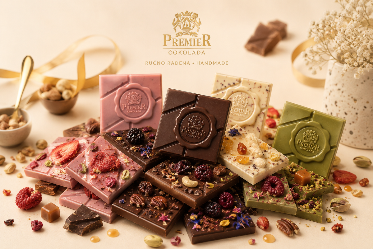 An assortment of handcrafted chocolate bars from Premiár Cokolada, including dark, milk, and white chocolate bars topped with dried fruits, nuts, and spices, arranged on a light beige surface with decorative props and the brand logo at the top.